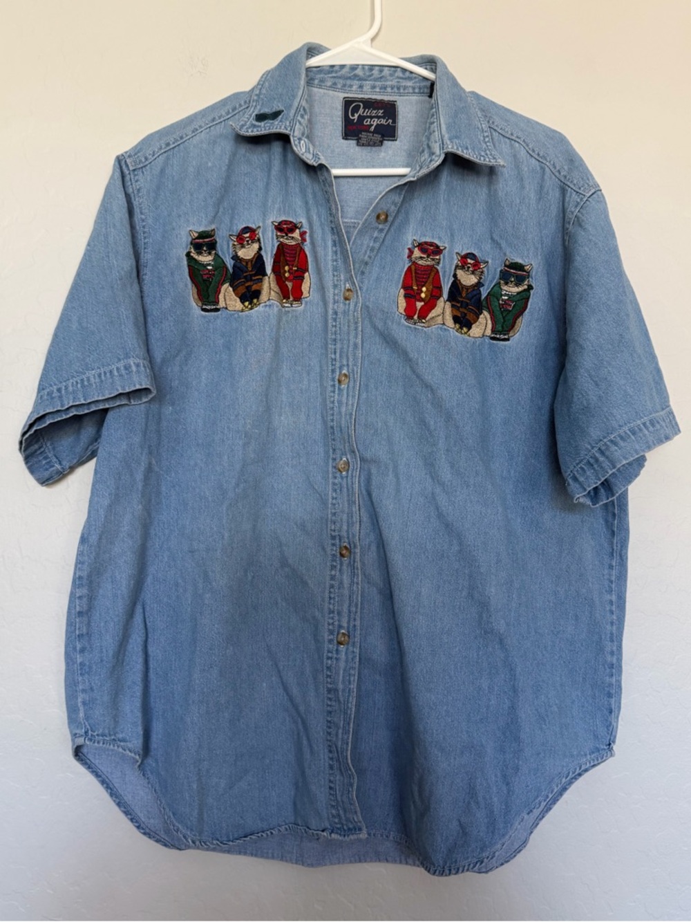 Vintage Quizz Again cat button denim style shirt size large